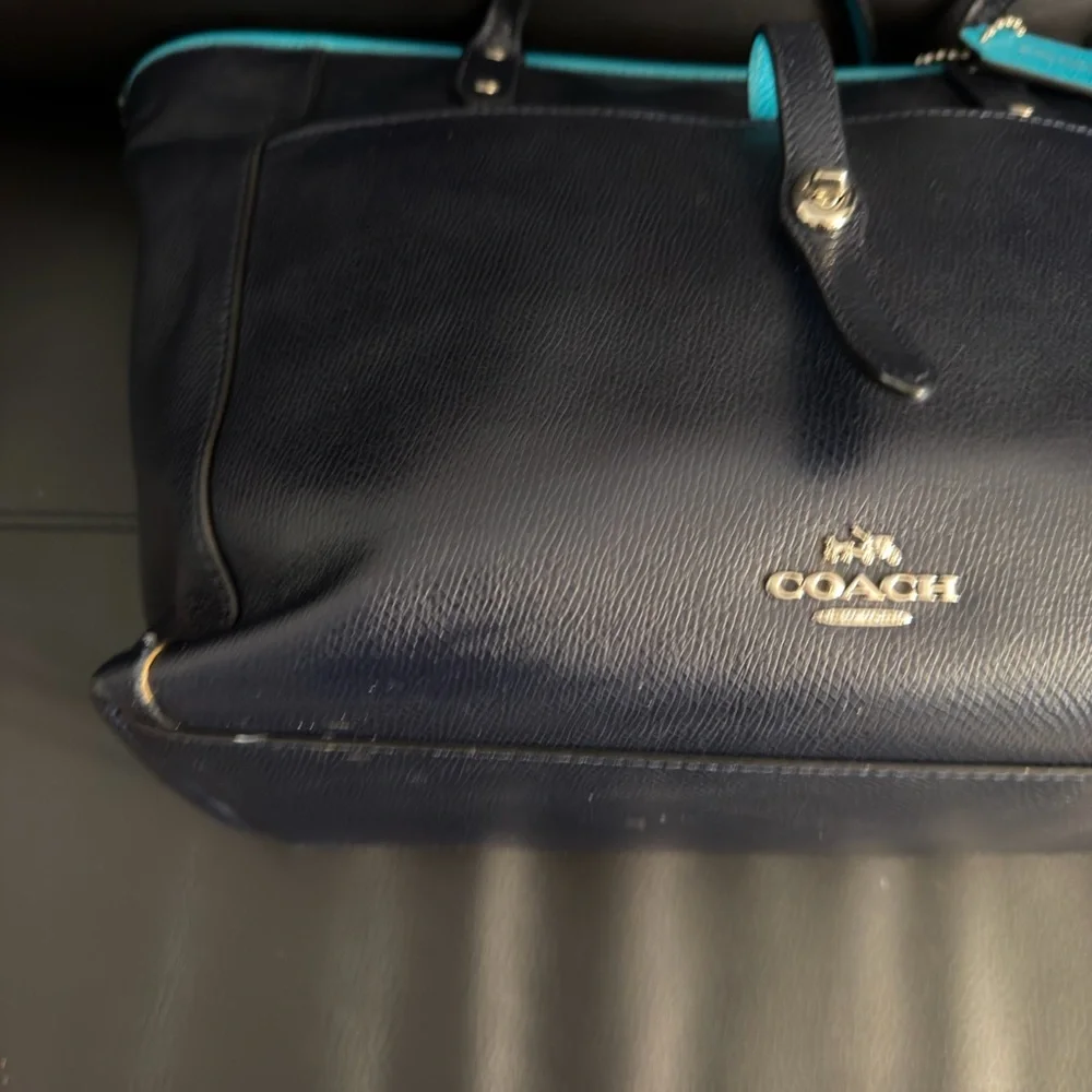 Coach Navy Leather Tote Bag Bright Blue Trim Shoulder Bag - Picture 9 of 10